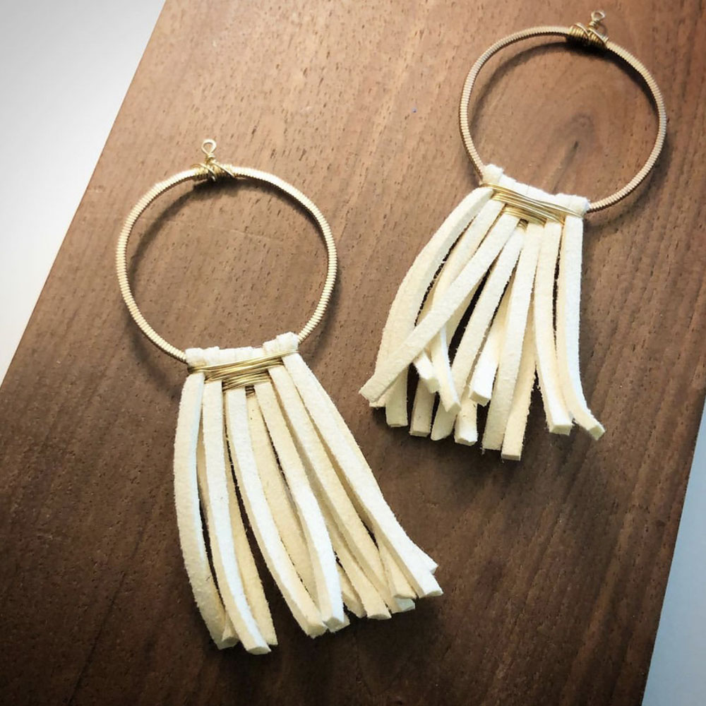 Gold Guitar String with Suede Earring White